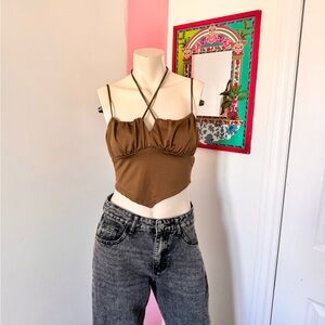 I Joah Sculpted Brown Crisscross Tie Up Halter Crop Top